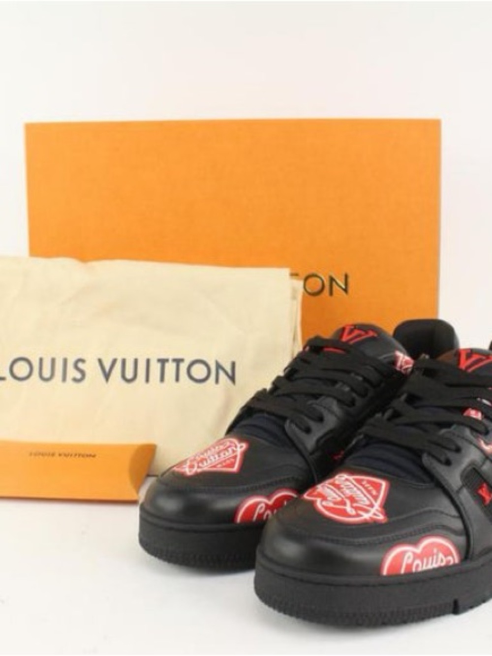 Louis Vuitton Black Leather Sneakers with Red Logo Accents